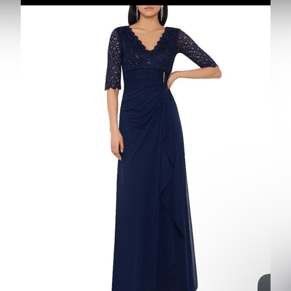 Betsy & Adam navy blue lace and sequin gown size 4